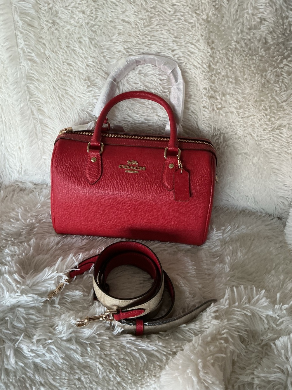 Coach electric red Satchel with Gold Hardware and reversible Removable Strap